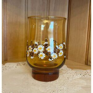 Vintage Libbey Amber Glass Tumbler Retro Drinkware Daisy Pattern